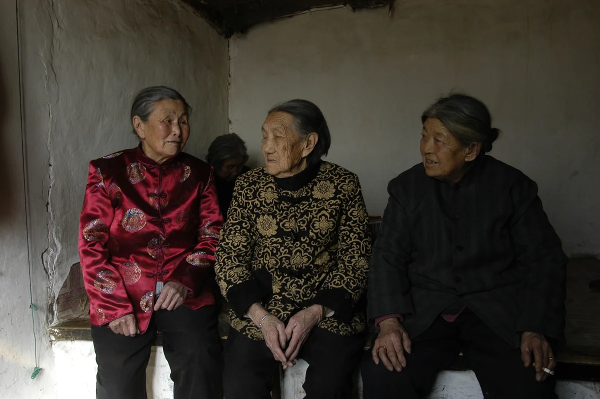 Meng Shujing (82) with grandson Shi Junguang (30) and great-grandson Shi Yaobin (5) at home in Sanjiazi near the town of Qiqihar in Heilongjiang province in North-east China. 2007
